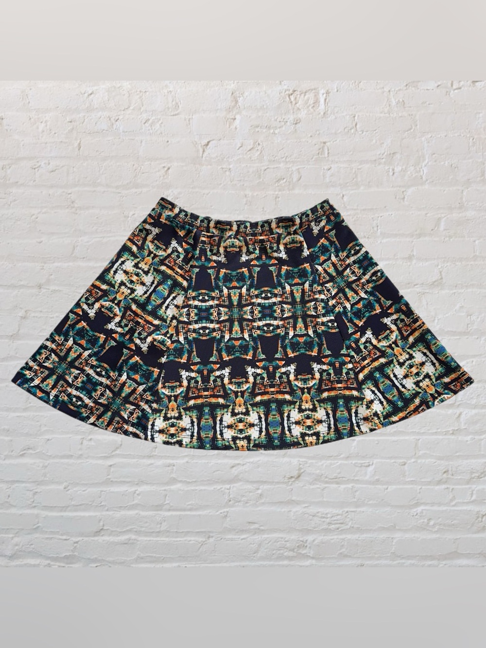 Lily Rose Black & Green Kaleidoscope Print Lightweight Circle Skirt in Size Med